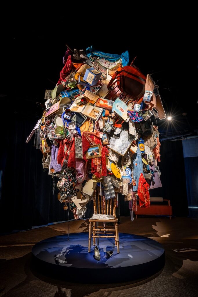 (Almost) all of my dead mother's beautiful things - a sculpture by Narcissister. It hangs from the gallery ceiling and is made of the artist's mother's possessions.