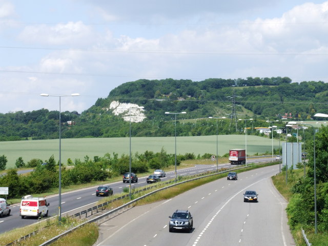An image of the A229 road looking towards Blue Bell Hill. There are 4 lanes of traffic with cars on the road. 