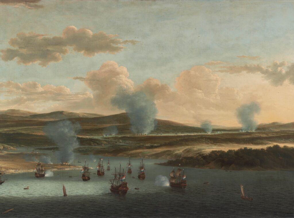 The Battle of Medway - painting by Willem Schellinks, circa 1668. Image shows the Dutch fleet sailing up the River Medway.