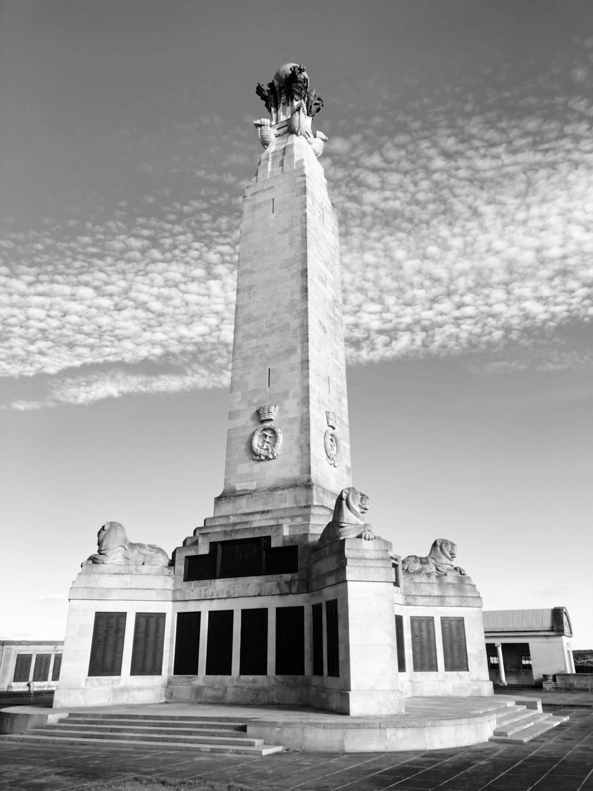 A black and white image of the Chatham Naval Memorial.