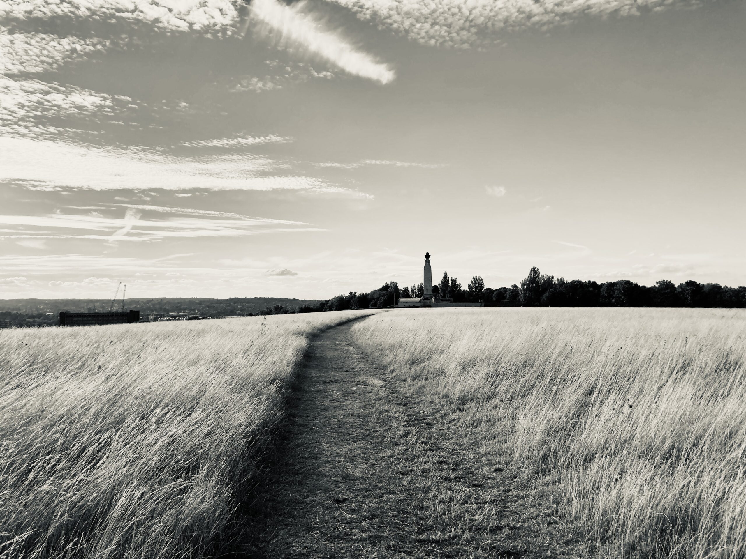 A black and white image showing the view towards the Chatham Naval Memorial from the top of the Great Lines Heritage Park.