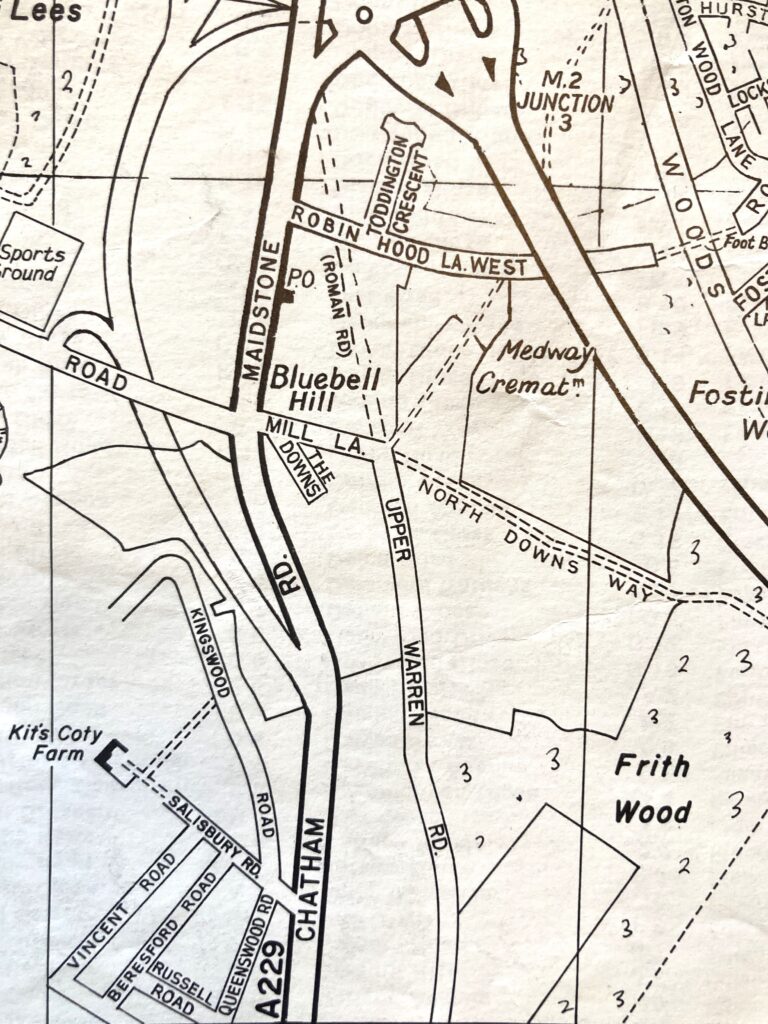 Image of a map showing the route of the old Roman Road near Blue Bell Hill village.