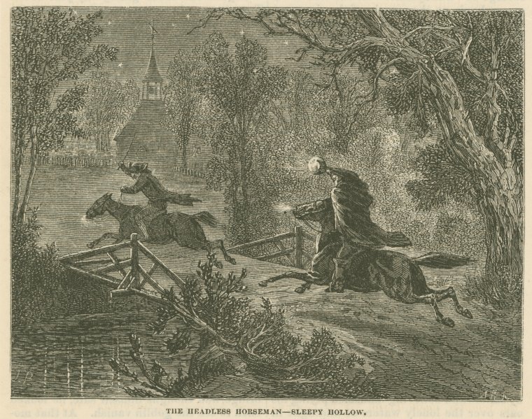 An etched image of a rider being chased by a headless horseman from the story 'Sleepy Hollow'. 