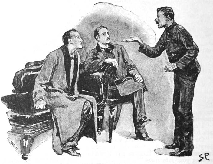 Illustration (1892) by Sidney Paget for Arthur Conan Doyle's “The Adventure of the Blue Carbuncle.” Holmes and Watson are seated on a couch looking toward the Commissionaire, who is standing holding the blue carbuncle in the palm of his hand.