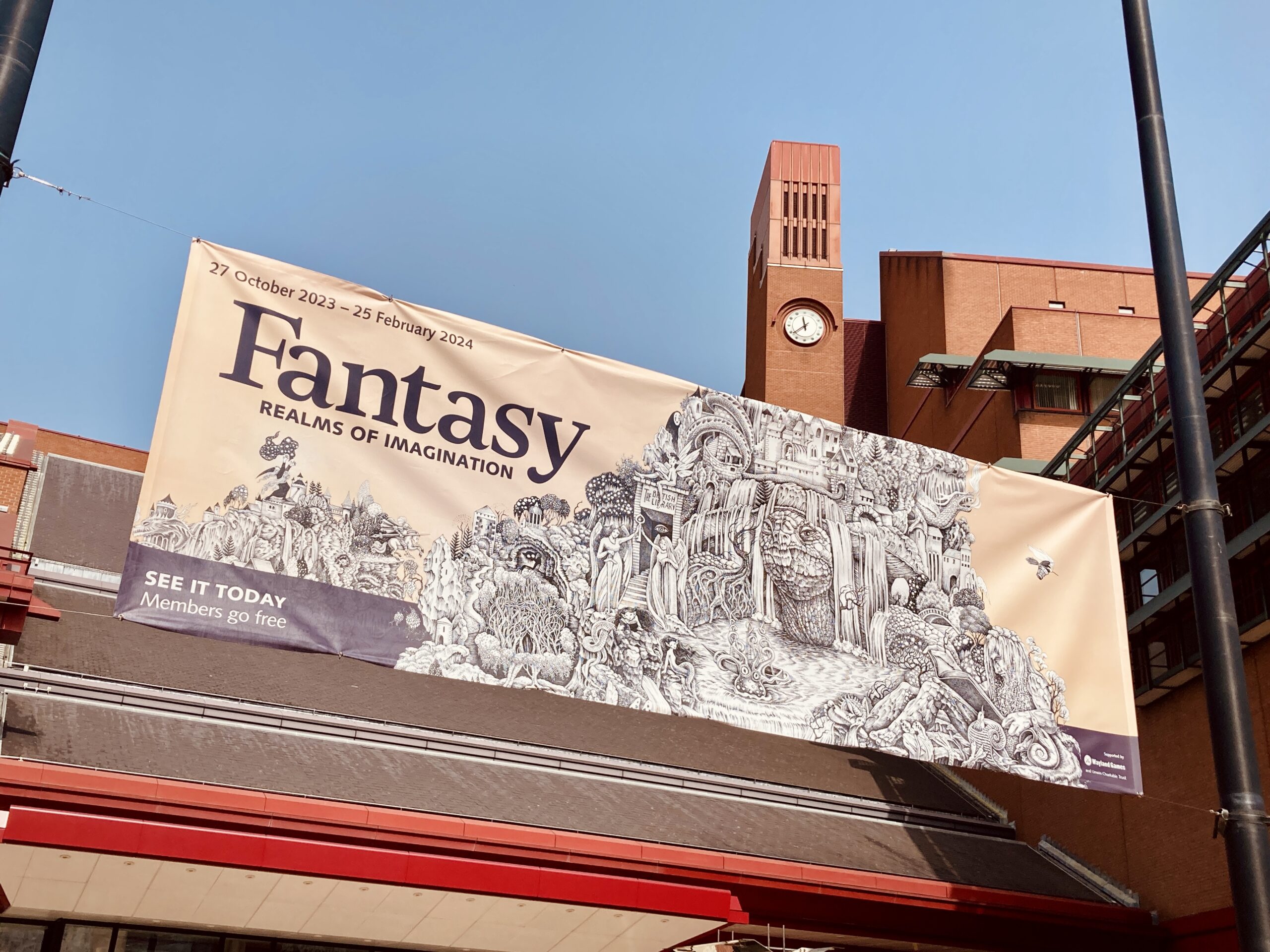 Banner for Fantasy: Realms of Imagination outside the British Library