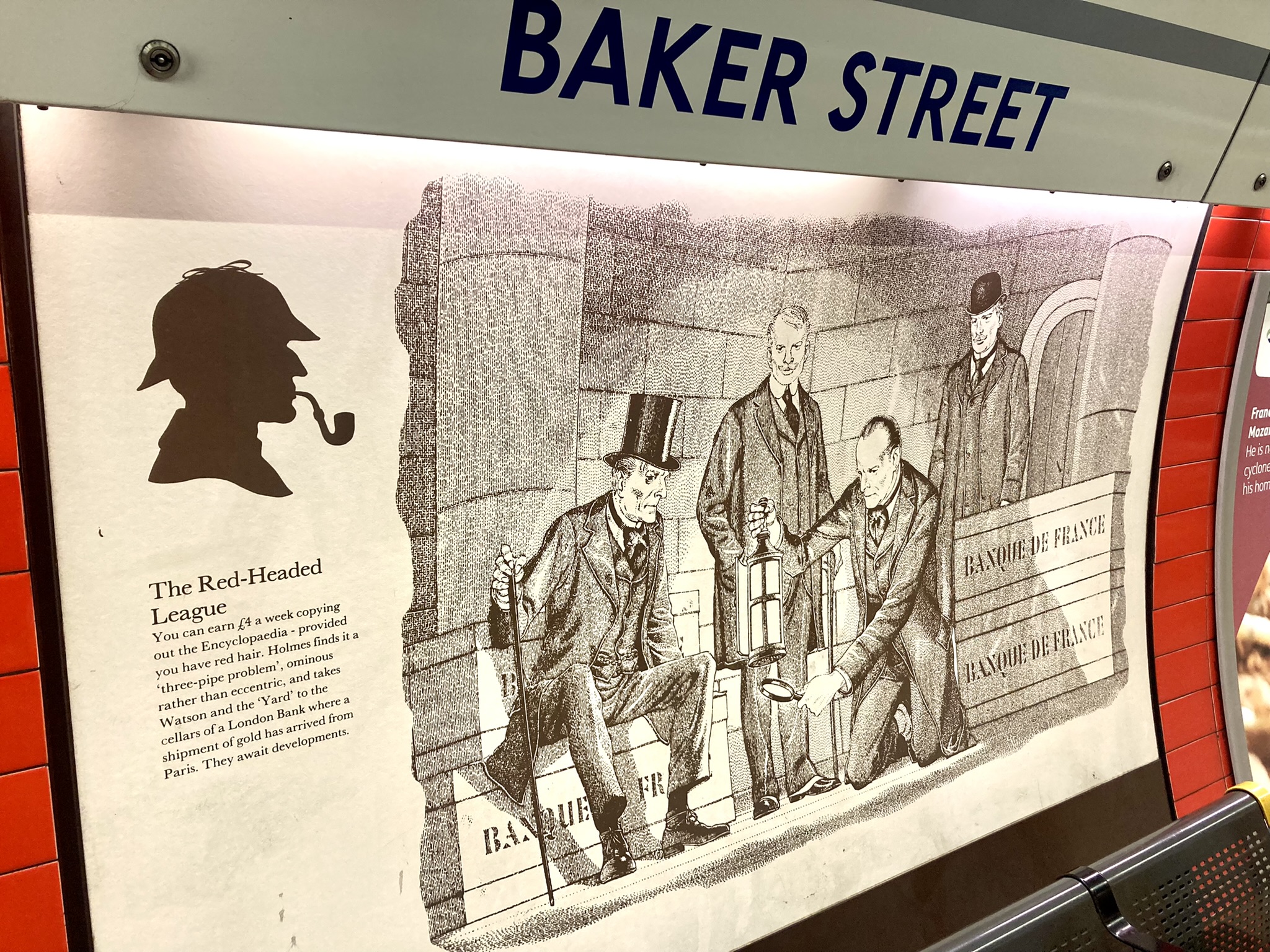 Illustration and extract from 'The Red-Headed League' by Arthur Conan Doyle on the platform wall at Baker Street Tube station.