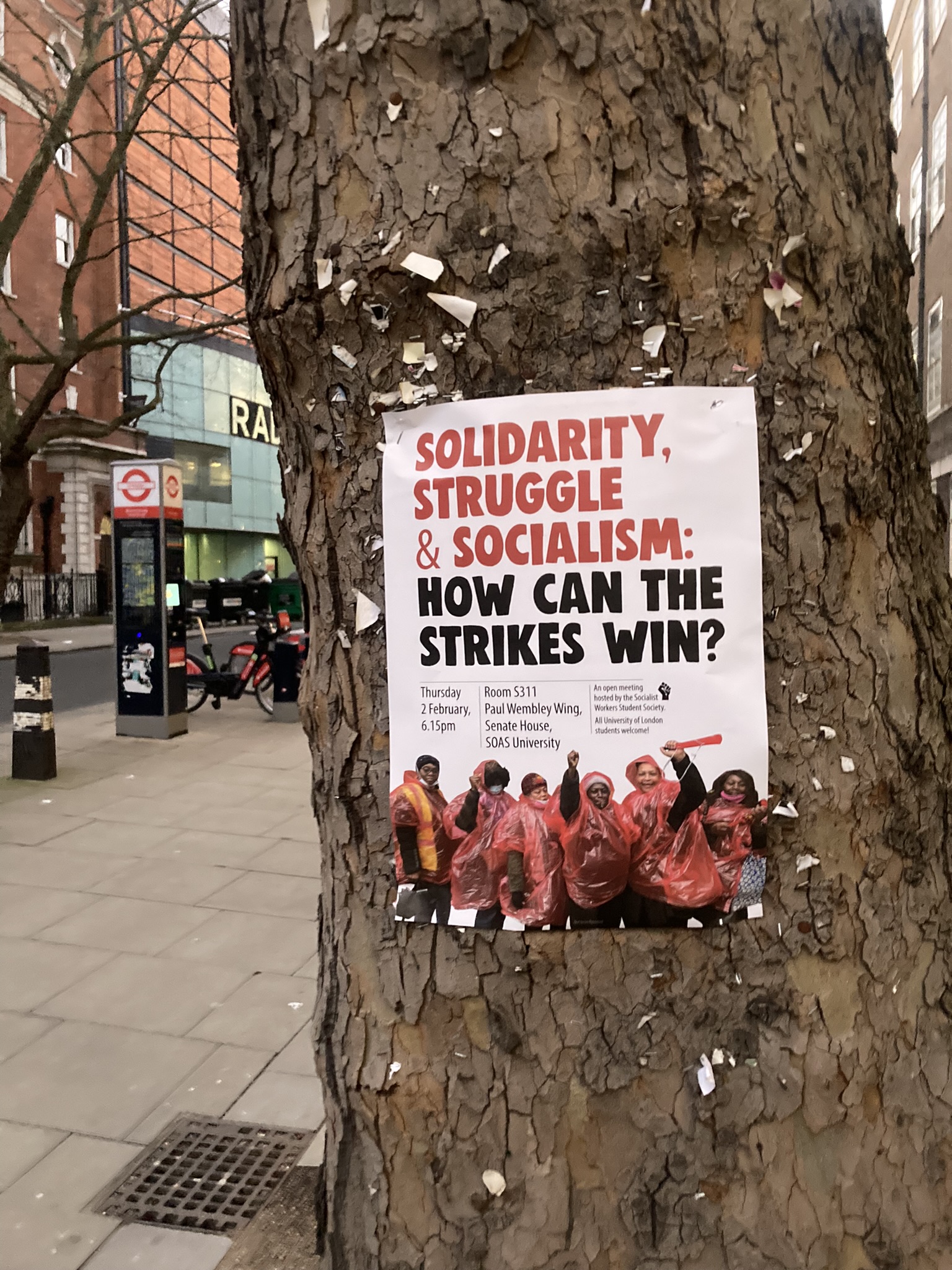 A poster stuck to a tree. Text on the poster reads 'Solidarity, struggle & socialism: How can the strikes win?' in red text. It has an image of people wearing red ponchos beneath the text. RADA school is visible in the background behind the tree.