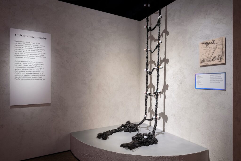 We Climb by Jennifer Ling Datchuk, on display in the Wellcome Collection. The sculpture is a ladder made of hair. 