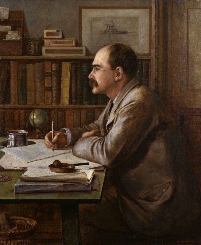 An oil portrait of Rudyard Kipling. He is seated at a desk, writing, looking to the left.