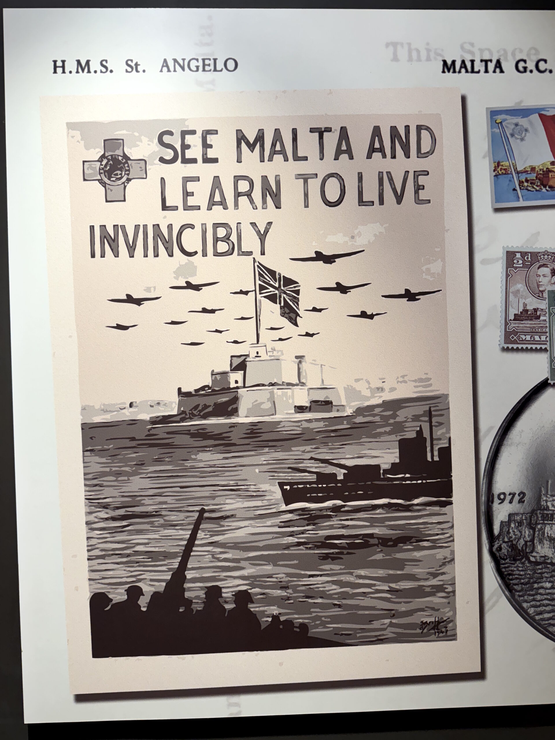 A vintage advertisement for Malta at Fort St Angelo. The advertisement in is sepia tones and reads 'See Malta and learn to live invincibly.'
