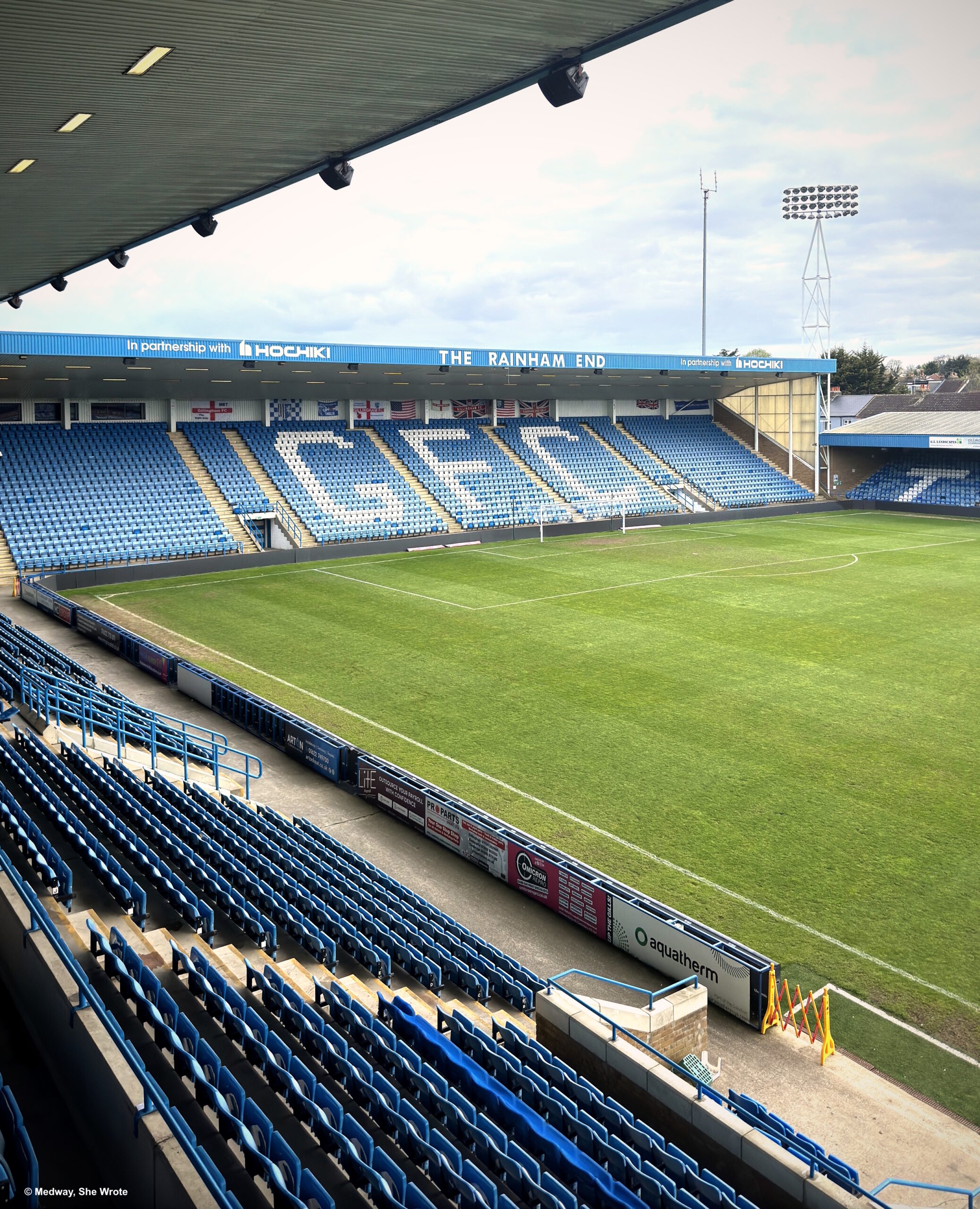 The Rainham End at Priestfield Stadium, seen from the Medway Stand.