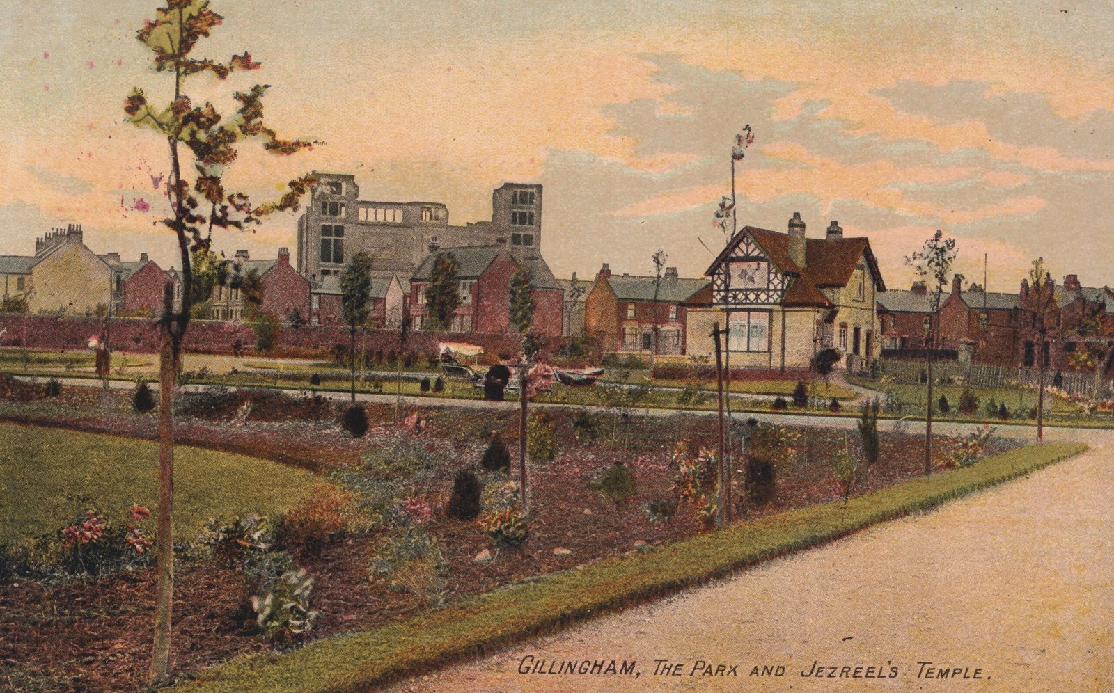 A colour illustrated postcard showing a view of Gillingham Park with Jezreel’s Tower in the background.
