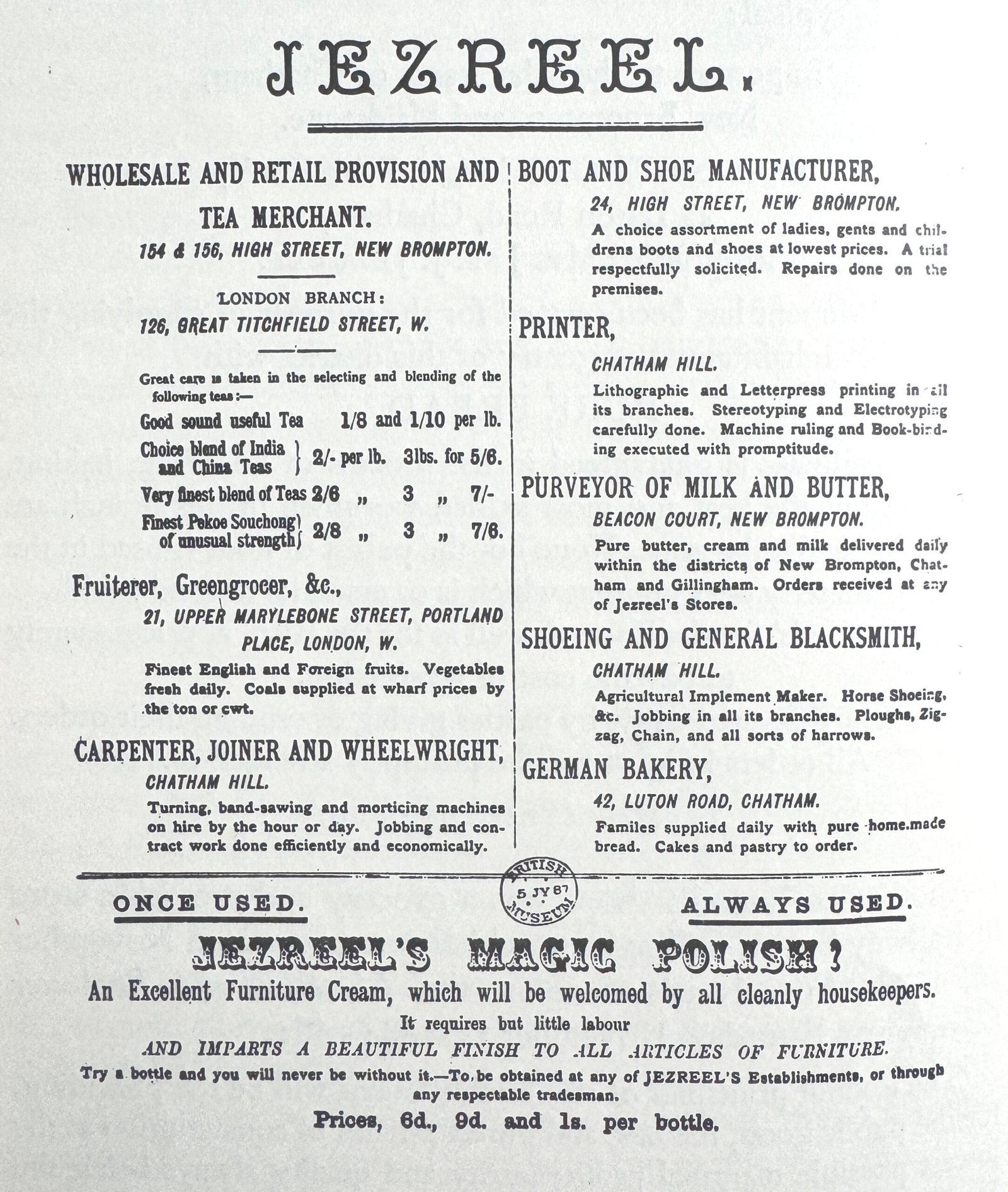An advert for Jezreel's shops and businesses, from 'The Messenger of Wisdom and Israel's Guide'.