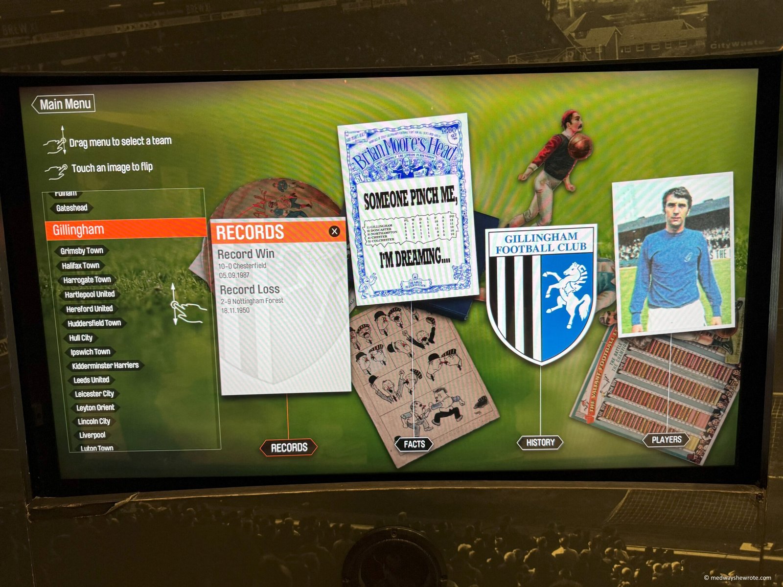 The Museum's club trivia screen showing Gills records, facts, history and players.