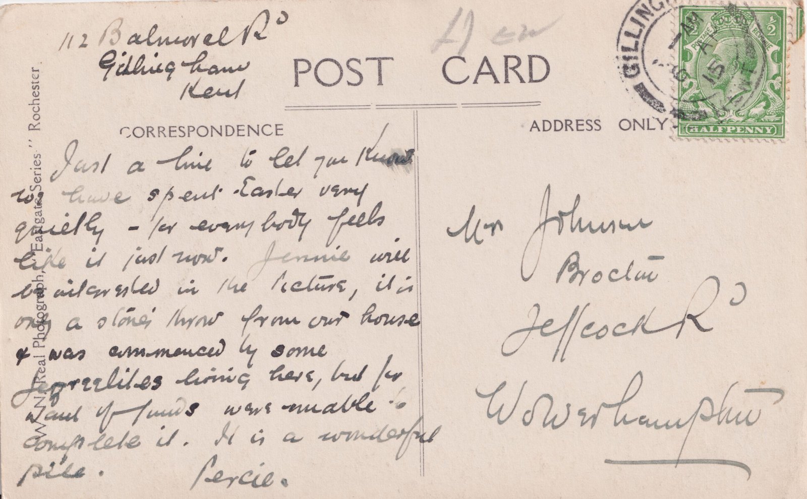 The back of Percie's postcard, showing the message written on it.