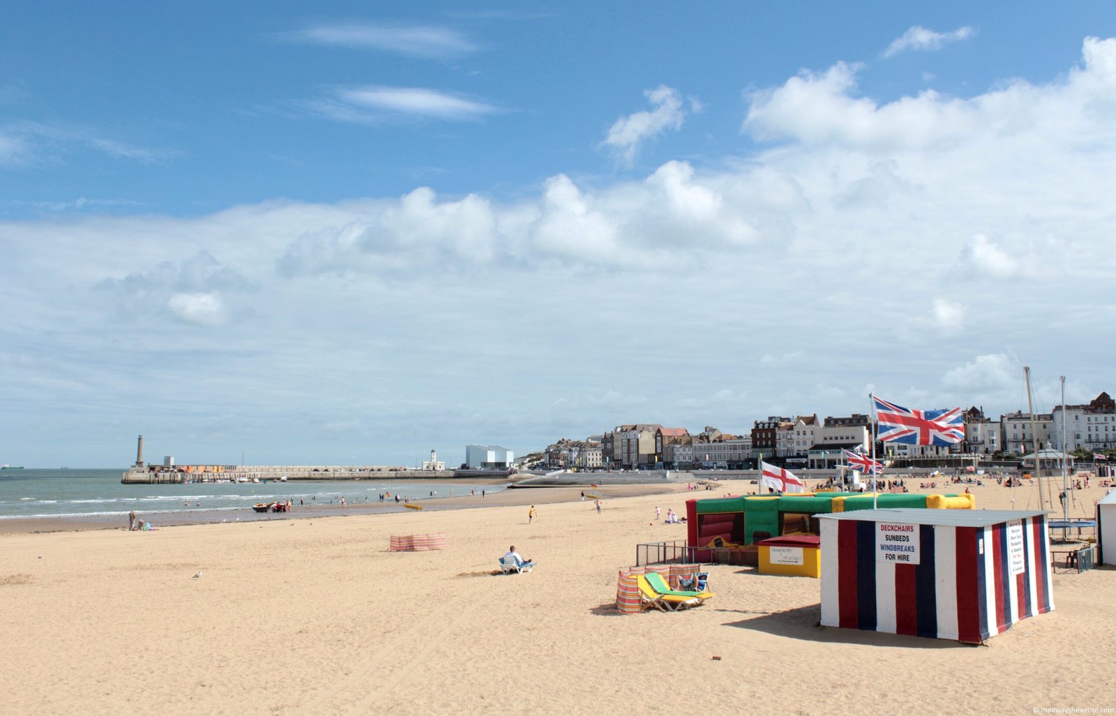 Margate beach, looking towards the Turner Contemporary, on a sunny day.